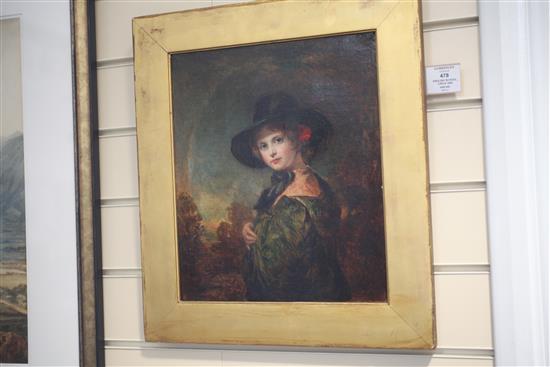 English School, circa 1840 Portrait of a girl wearing a black hat and rose in her hair 13.5 x 11.5in.